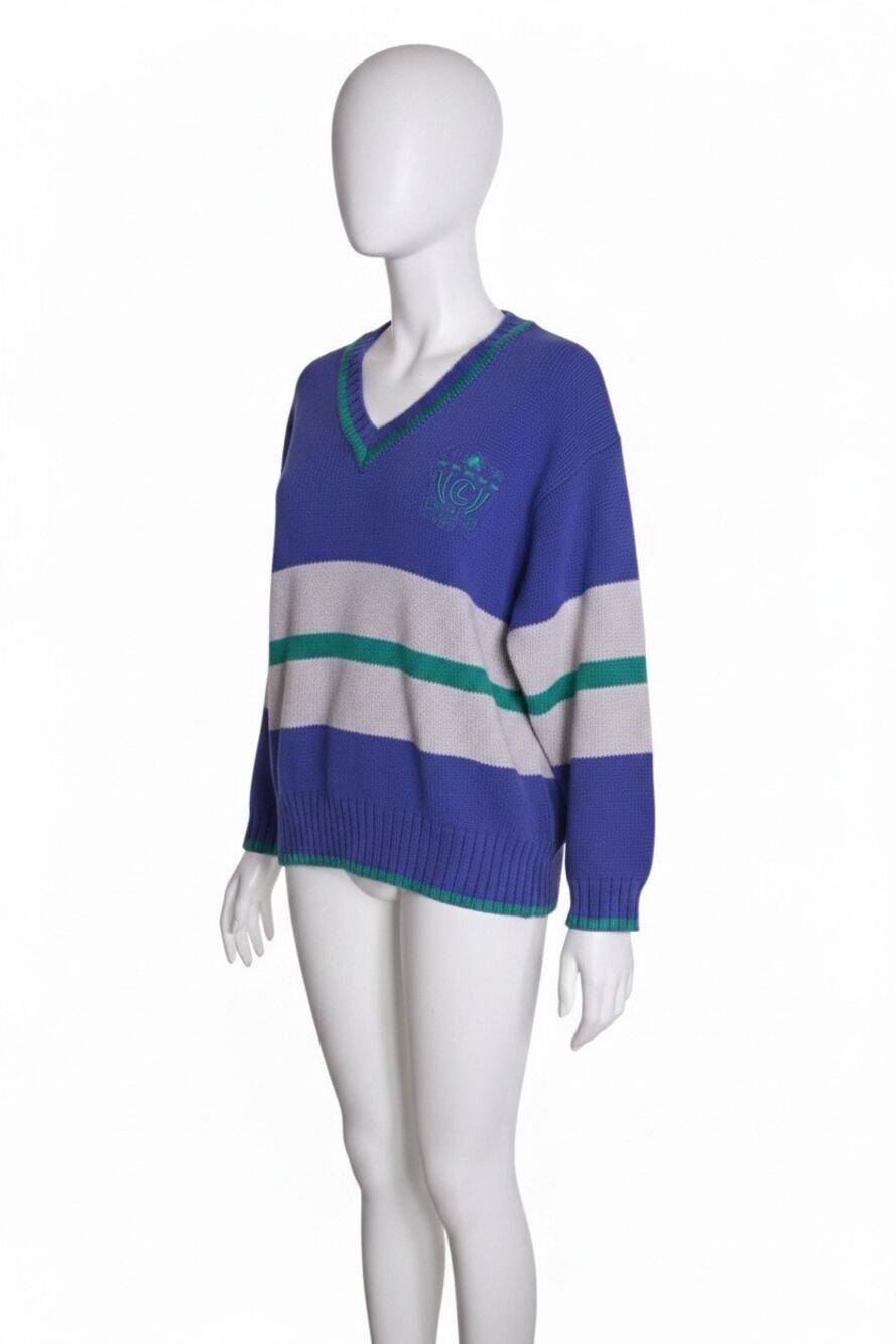 Liz Sport Women Vintage Sweater  Sz.Med Blue Stripe EUC 90’s V-Neck Crest Y2K